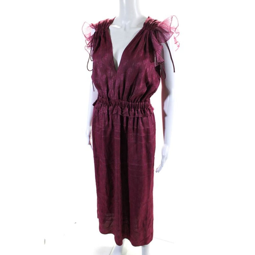Isabel Marant Metallic Satin Ruffled V-Neck A-Line Maxi Dress Raspberry Size 36 - Picture 2 of 6